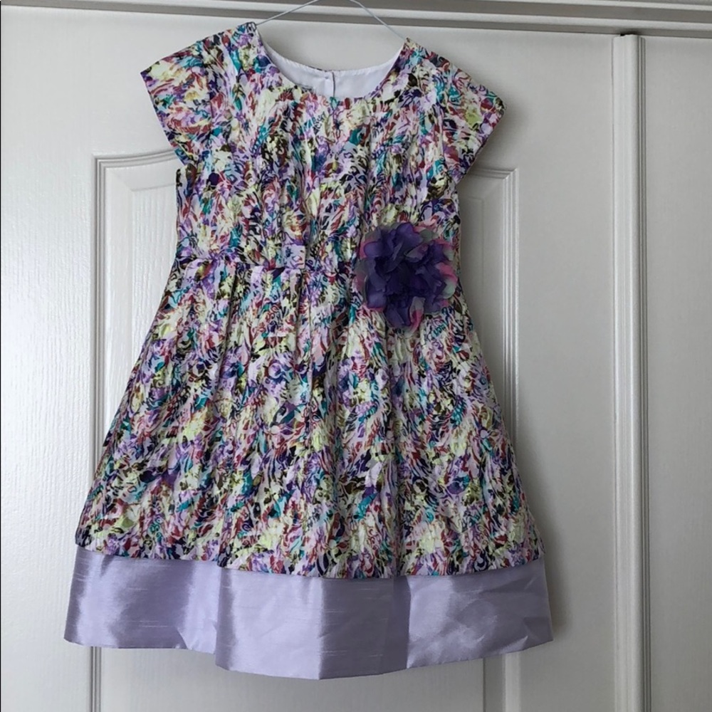 Multi color with lavender cap sleeve dress.
